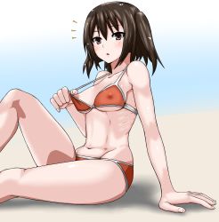 Rule 34 | 10s, 1girl, 30-06, :o, ^^^, absurdres, armpits, bad id, bad nicoseiga id, bare arms, bare legs, bare shoulders, beach, bikini, bikini pull, blue sky, blush, breasts, brown eyes, brown hair, cleavage, clothes pull, collarbone, covered erect nipples, day, eyebrows, fingernails, groin, highres, kantai collection, knee up, looking at viewer, medium breasts, navel, nipple slip, nipples, orange bikini, outdoors, parted lips, pulling own clothes, ribs, sand, scar, sendai (kancolle), short hair, short twintails, skinny, sky, solo, stomach, swimsuit, twintails, two side up, underboob