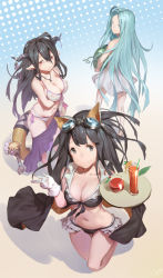 Rule 34 | 10s, 3girls, animal ears, aqua eyes, aqua hair, bandaged arm, bandages, bikini, black bikini, black hair, breasts, cancer (zjcconan), cleavage, covered erect nipples, cup, danua, draph, drinking glass, drinking straw, food, fruit, gloves, goggles, goggles on head, gradient background, granblue fantasy, gretel (granblue fantasy), halftone, halftone background, hansel (granblue fantasy), highres, horn ornament, horns, innertube, jessica (granblue fantasy), jewelry, large breasts, long hair, looking at viewer, lyria (granblue fantasy), multiple girls, navel, necklace, pointy ears, puppet, red eyes, smile, swim ring, swimsuit, tray, w, watermelon, wet, wet clothes, wet swimsuit, white gloves