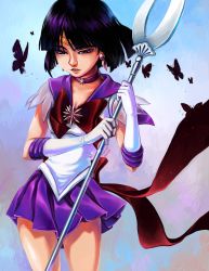 Rule 34 | 1girl, bishoujo senshi sailor moon, bow, brooch, brown bow, bug, butterfly, choker, christina gardner, circlet, earrings, elbow gloves, glaive (polearm), gloves, highres, holding, holding polearm, holding spear, holding weapon, insect, jewelry, looking down, miniskirt, pleated skirt, polearm, purple eyes, purple hair, purple skirt, ribbon, sailor saturn, short hair, silence glaive, skirt, solo, spear, star brooch, tomoe hotaru, weapon, white gloves