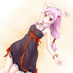 Rule 34 | 10s, bare shoulders, blush, breasts, cleavage, guilty crown, hair ornament, hairclip, iray, long hair, looking at viewer, lying, open mouth, pink hair, red eyes, smile, solo, twintails, yuzuriha inori