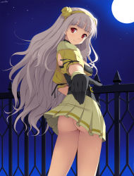 Rule 34 | 00s, 1girl, ass, bad id, bad pixiv id, beckoning, belt, blunt bangs, cygnus (cygnus7), fence, foreshortening, from behind, full moon, gloves, hairband, highres, idolmaster, idolmaster (classic), long hair, looking back, moon, night, no panties, outstretched arm, outstretched hand, reaching, red eyes, shijou takane, silver hair, sky, smile, solo, star (sky), starry sky, upskirt, very long hair