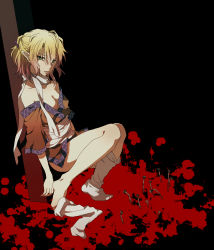 Rule 34 | 1girl, bare legs, bare shoulders, barefoot, blonde hair, blood, blood splatter, bottomless, breasts, cleavage, feet, female focus, green eyes, hair ribbon, highres, leaning back, looking at viewer, mizuhashi parsee, nail, no shoes, off shoulder, pointy ears, rex k, ribbon, sash, scarf, shirt, short hair, single sock, sock dangle, sock pull, socks, solo, squatting, touhou