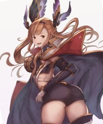 Rule 34 | 10s, 1girl, :d, ass, bad id, bad twitter id, breasts, brown eyes, cape, covered erect nipples, cowboy shot, detached sleeves, from behind, gloves, granblue fantasy, granblue fantasy (style), hairband, harada isuka, head wings, highres, large breasts, light brown hair, long hair, long sleeves, looking back, official style, open mouth, shorts, simple background, smile, solo, thighhighs, tweyen (granblue fantasy), white background, white gloves, wings