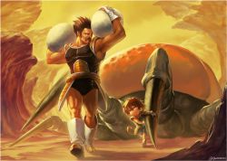Rule 34 | 2boys, armor, armpits, black hair, boots, broly (dragon ball super), carrying, carrying over shoulder, child, claws, dragging, dragon ball, dragon ball super, dragon ball super broly, facial hair, father and son, full body, gloves, looking at another, monster, mountain, multiple boys, muscular, mustache, paragus (dragon ball z), pauldrons, scar, shell, short hair, shoulder armor, signature, sky, smile, spiked hair, tail, walking, white footwear, white gloves, youki (gdn)