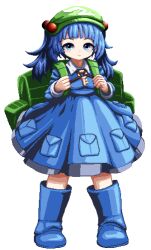 Rule 34 | 1girl, backpack, bag, blue eyes, blue footwear, blue hair, blue skirt, boots, closed mouth, commentary, einzeilhandery, english commentary, flat cap, full body, green hat, hat, highres, kawashiro nitori, key, long sleeves, looking at viewer, medium hair, pocket, rubber boots, simple background, skirt, solo, standing, touhou, two side up, white background
