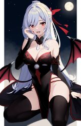 1girl absurdres alternate_costume bare_shoulders bat_wings black_collar black_dress black_sleeves black_thighhighs blood blood_on_face breasts bright_pupils cleavage collar commentary detached_collar detached_sleeves dress english_commentary grey_hair hair_ribbon halloween_costume highres honkai:_star_rail honkai_(series) jingliu_(honkai:_star_rail) large_breasts looking_at_viewer low_wings open_mouth pelvic_curtain red_eyes red_ribbon ribbon sharp_teeth solo strapless strapless_dress teeth thighhighs thighs white_pupils wings yan_kodiac