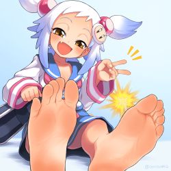 Rule 34 | 1girl, artist name, barefoot, blue background, blue hair, blue sailor collar, blue skirt, blush, bomb, bombergirl, breasts, character hair ornament, child, cleavage, collarbone, collared shirt, explosive, eyebrows, eyelashes, fang, feet, fingernails, foot focus, foreshortening, gradient hair, greek toe, hair bobbles, hair ornament, half-closed eyes, highres, legs, lit fuse, long hair, long sleeves, looking at viewer, multicolored hair, neckerchief, neckwear request, open mouth, oyatsu (mk2), pink neckerchief, pleated skirt, ponytail, raised eyebrows, sailor collar, school uniform, serafuku, shiron (bombergirl), shirt, short twintails, side ponytail, simple background, sitting, skin fang, skirt, smile, soles, solo, sparks, thighs, toes, twintails, v, white bomberman, white hair, yellow eyes