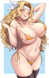 Rule 34 | 1girl, areola slip, arm up, bikini, blonde hair, blush, breasts, brigid (fire emblem), commission, commissioner upload, covered erect nipples, fire emblem, fire emblem: genealogy of the holy war, hair intakes, headband, highres, large breasts, long hair, looking at viewer, micro bikini, midriff, nintendo, open mouth, orange bikini, rikiddo (tise 00), smile, solo, solo focus, swimsuit, thighhighs, thighs, wavy hair, yellow eyes