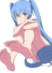 Rule 34 | 1girl, :t, barefoot, blue eyes, blue hair, blush, eyes visible through hair, feet, full body, hair between eyes, hair censor, hatsune miku, hugging own legs, itotokai, long hair, nude, sidelocks, simple background, sitting, soles, solo, toes, twintails, very long hair, vocaloid, white background