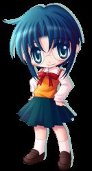 Rule 34 | 00s, 1girl, blue hair, chibi, chibi only, ciel (tsukihime), glasses, green eyes, hands on own hips, lowres, school uniform, simple background, solo, transparent background, tsukihime