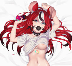 Rule 34 | 1girl, animal ears, areola slip, ball gag, bdsm, blue eyes, body writing, breasts, cellphone, clothes lift, collar, gag, hakos baelz, holding, holding phone, hololive, hololive english, incoming call, irys (hololive), lying, medium breasts, mouse ears, mouse girl, navel, on back, phone, red hair, shirt lift, smartphone, solo, spiked collar, spikes, stomach, tattoo, thanabis, underboob, upper body, virtual youtuber, wiffle gag