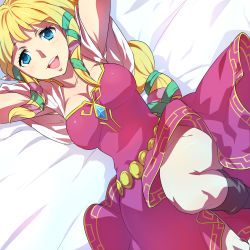 Rule 34 | 1girl, bad deviantart id, bad id, bed, blonde hair, blue eyes, breasts, cleavage, dress, from above, happy, long hair, lying, naso4, nintendo, open mouth, ponytail, princess zelda, smile, solo, the legend of zelda, the legend of zelda: skyward sword, twintails