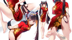 Rule 34 | 1girl, arms behind back, artist name, ass, bad id, bad pixiv id, bare legs, barefoot, blue eyes, blunt bangs, blush, china dress, chinese clothes, covered navel, diamond hairband, dress, feet, flat chest, from behind, gradient hair, hololive, hololive english, holomyth, leaning forward, legs, long hair, looking at viewer, mole, mole under eye, multicolored hair, multiple views, nail polish, ninomae ina&#039;nis, open mouth, orange hair, patreon username, pelvic curtain, pointy ears, purple hair, red dress, short sleeves, side slit, sidelocks, sitting, smile, soles, solo, spread legs, standing, straight hair, sydus, tentacle hair, toenail polish, toenails, toes, twintails, very long hair, virtual youtuber