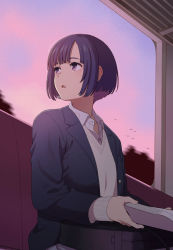 Rule 34 | 1girl, bag, black hair, black jacket, blazer, blush, book, collared shirt, dress shirt, holding, holding book, jacket, long sleeves, looking away, looking to the side, mattaku mousuke, mole, mole under eye, multicolored hair, open book, open clothes, open jacket, original, parted lips, purple eyes, purple hair, school bag, school uniform, shirt, short hair, sitting, sleeves past wrists, solo, sunset, sweater, train interior, two-tone hair, v-neck, white shirt, white sweater, window