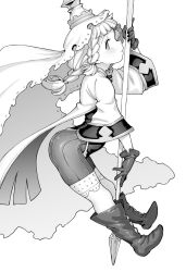 Rule 34 | 10s, 1girl, aya shachou, bike shorts, blush, boots, braid, bridal gauntlets, cape, closed mouth, female focus, filasopila, full body, gloves, granblue fantasy, greyscale, harvin, highres, holding, horns, leotard, long hair, looking to the side, monochrome, profile, simple background, single horn, solo, staff, tareme, twin braids, white background