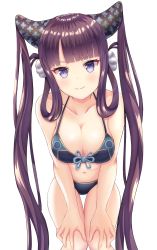 Rule 34 | 1girl, absurdres, bare shoulders, bikini, blue bikini, blue eyes, blunt bangs, blush, breasts, cleavage, closed mouth, collarbone, fate/grand order, fate (series), hair ornament, highres, large breasts, leaf hair ornament, leaning forward, long hair, looking at viewer, navel, purple hair, ripi ur, sidelocks, simple background, smile, solo, swimsuit, thighs, twintails, white background, yang guifei (fate)