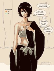 Rule 34 | 1girl, absurdres, bandages, black hair, bleach, breasts, floppydisk7000, hair between eyes, highres, japanese clothes, kuchiki rukia, long sleeves, looking at viewer, meme, open mouth, purple eyes, sarashi, shinigami, short hair, small breasts, smile, solo, twitter strip game (meme), underwear, undressing, weapon