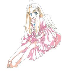 1girl ahoge barefoot blonde_hair blue_eyes dress filo_(tate_no_yuusha_no_nariagari) full_body hair_ornament highres long_hair looking_at_viewer open_mouth pink_dress smile solo syasyajin tate_no_yuusha_no_nariagari wings