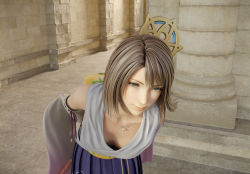 Rule 34 | 1girl, 3d, absurdres, arms behind back, bare shoulders, bent over, black bra, blue eyes, bra, breasts, brown hair, cleavage, collarbone, detached sleeves, downblouse, female focus, final fantasy, final fantasy x, green eyes, heterochromia, highres, jewelry, leaning forward, looking at viewer, loose clothes, medium breasts, medium hair, necklace, nodern03, smile, solo, standing, underwear, yuna, yuna (ff10)