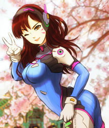 Rule 34 | 1girl, animal print, arched back, architecture, blue bodysuit, bodysuit, breasts, brown eyes, brown hair, building, cherry blossoms, clothes writing, commentary, cowboy shot, d.va (overwatch), day, dutch angle, east asian architecture, esther shen, facepaint, facial mark, gloves, headphones, high collar, leaning forward, light smile, long hair, looking at viewer, medium breasts, outdoors, overwatch, overwatch 1, pilot suit, rabbit print, ribbed bodysuit, shoulder pads, skin tight, smile, solo, swept bangs, tree, v, whisker markings, white gloves