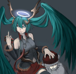Rule 34 | 1girl, aqua eyes, aqua hair, bad id, bad nicoseiga id, bag, black sclera, chain, colored sclera, creepy, detached sleeves, evil, gift, hair wings, halo, hat, hatsune miku, holding, holding gift, horns, horror (theme), jewelry, long hair, magre, middle finger, necklace, santa claus, santa hat, skirt, smile, thighhighs, twintails, very long hair, vocaloid, wings, zettai ryouiki