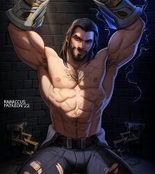 Rule 34 | 1boy, abs, armpit hair, arms up, artist name, bara, beard, belt, black belt, black hair, chain, chest hair, facial hair, large pectorals, league of legends, looking at viewer, male focus, marcus (rnarccus), mature male, medium hair, muscular, muscular male, navel, nipples, pants, patreon username, pectorals, restrained, smile, solo, sylas (league of legends), torn clothes, torn pants
