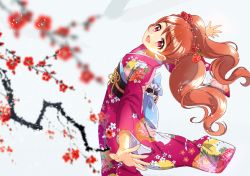 Rule 34 | 1girl, :d, asymmetrical bangs, back bow, bad id, bad pixiv id, blush, bow, braid, branch, brown hair, cowboy shot, floral print, flower, food-themed hair ornament, foreshortening, hair ornament, head tilt, hoshi (xingspresent), japanese clothes, kimono, kirakira precure a la mode, leaning back, long hair, looking at viewer, obi, open mouth, orange hair, outstretched arms, perspective, pink eyes, precure, sash, simple background, smile, solo, spread arms, strawberry hair ornament, twintails, usami ichika, white background, yukata