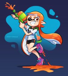Rule 34 | 1girl, arm up, artist name, bike shorts, black shorts, blue background, blush, commentary, english commentary, full body, grin, gun, hand up, highres, holding, holding gun, holding weapon, ink tank (splatoon), inkling, inkling girl, inkling player character, long hair, looking at viewer, multicolored background, nintendo, one eye closed, orange eyes, paint, pink footwear, shirt, shoes, short shorts, short sleeves, shorts, sidelocks, simple background, smile, sneakers, solo, splatoon (series), splatoon 1, splattershot (splatoon), standing, teeth, tentacle hair, v-shaped eyebrows, vinny (dingitydingus), weapon, white shirt