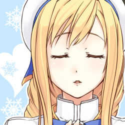Rule 34 | 00s, 1girl, alicia florence, aria (manga), bad id, bad pixiv id, beret, blonde hair, close-up, closed eyes, facing viewer, getsumen, hand on own chest, hat, high collar, incoming kiss, pov, sidelocks, snowflakes, solo, upper body