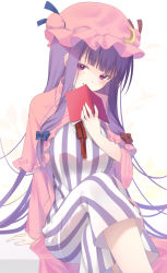 Rule 34 | 1girl, arm support, blunt bangs, blush, book, breasts, capelet, commentary request, covering own mouth, crescent, crescent hat ornament, crossed legs, feet out of frame, hand up, hat, hat ornament, head tilt, holding, holding book, large breasts, long hair, looking at viewer, mob cap, parted lips, patchouli knowledge, pink capelet, pink hat, purple eyes, purple hair, simple background, sitting, smile, solo, striped, touhou, usagimiko, vertical stripes, very long hair, white background