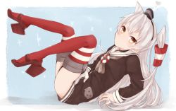 Rule 34 | 10s, 1girl, amatsukaze (kancolle), bad id, bad pixiv id, brown eyes, dress, garter straps, gloves, kantai collection, long hair, looking at viewer, personification, petopetoo, red thighhighs, sailor dress, school uniform, serafuku, short dress, silver hair, single glove, solo, striped clothes, striped thighhighs, thighhighs, twintails, two side up