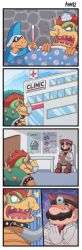 Rule 34 | 3boys, 4koma, armlet, ayyk92, bed, bed sheet, bowser, brown footwear, brown hair, chair, chart, clipboard, collar, comic, doctor, dr. mario, dr. mario (game), english text, facial hair, glove pull, gloves, goomba, head mirror, highres, hospital, lab coat, liquid-in-glass thermometer, magikoopa, male focus, mario, mario (series), mask, multiple boys, mustache, nintendo, princess peach, red hair, runny nose, sharp teeth, short hair, sick, sitting, snot, spiked armlet, spiked collar, spikes, stethoscope, sweat, table, teeth, thermometer, virus (dr. mario), white gloves