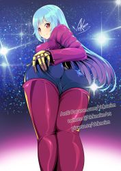 Rule 34 | 1girl, ass, ass grab, blue hair, blush, breasts, cameltoe, deep skin, female focus, from behind, from below, gloves, jacket, kula diamond, large breasts, leaning, leaning forward, long hair, looking at viewer, looking back, pants, red eyes, shiny clothes, skin tight, smile, snk, solo, the king of fighters, thighs, vekneim, very long hair, wide hips