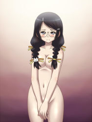 Rule 34 | 00s, 10s, 1girl, awa, bakemonogatari, black hair, blush, braid, breasts, cat hair ornament, censored, completely nude, convenient censoring, covering privates, covering crotch, embarrassed, glasses, hair censor, hair ornament, hair over breasts, hair ribbon, hairclip, hanekawa tsubasa, large breasts, monogatari (series), nekomonogatari, nude, nude cover, ribbon, simple background, solo, twin braids