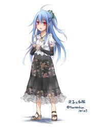 Rule 34 | 1girl, ahoge, alternate costume, black gloves, blue hair, casual, contemporary, fingerless gloves, floral print, gloves, hair ornament, hinanawi tenshi, long hair, puffy short sleeves, puffy sleeves, red eyes, shirt, short sleeves, skirt, solo, touhou, toutenkou, very long hair, white background