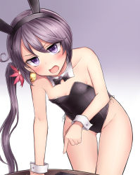 Rule 34 | 10s, 1girl, akebono (kancolle), animal ears, bare shoulders, bell, blush, bow, bowtie, rabbit ears, detached collar, fake animal ears, flat chest, flower, frown, hair bell, hair flower, hair ornament, highres, jingle bell, kantai collection, leotard, long hair, neit ni sei, open mouth, playboy bunny, purple eyes, purple hair, side ponytail, solo, very long hair, wrist cuffs