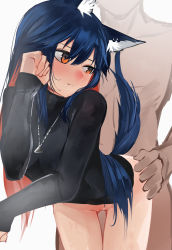 Rule 34 | absurdres, alternate costume, animal ears, ao oni (onioni-aoi), arknights, ass grab, bent over, black sweater, blue hair, blush, bottomless, closed mouth, clothed female nude male, completely nude, doggystyle, hair between eyes, hetero, highres, long hair, long sleeves, looking back, nude, pussy, red hair, sex, sex from behind, simple background, single thighhigh, sweat, sweater, tail, texas (arknights), thighhighs, uncensored, very long hair, white background, wolf ears, wolf girl, wolf tail