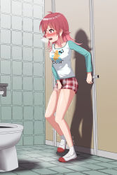 Rule 34 | 1girl, ahoge, aqua sleeves, bathroom, between legs, blush, breasts, breath, clothes writing, collarbone, door, ear blush, embarrassed, english text, engrish text, female focus, full body, hand between legs, have to pee, highres, idolmaster, idolmaster shiny colors, indoors, komiya kaho, leg up, long hair, matching hair/eyes, nannyou dojin, nose blush, open mouth, pee, peeing, peeing self, plaid, plaid shorts, raglan sleeves, ranguage, red eyes, red footwear, red hair, red shorts, shirt, shoes, short shorts, shorts, sidelocks, small breasts, socks, solo, standing, standing on one leg, steam, sweat, tears, teeth, textless version, tile floor, tile wall, tiles, toilet, toilet stall, trembling, wet, wet clothes, white shirt, white socks