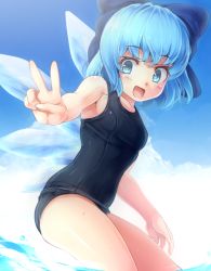 Rule 34 | 1girl, blue eyes, blue hair, blue sky, bow, breasts, cirno, cloud, day, fang, hair bow, ice, ice wings, komimiyako, looking at viewer, matching hair/eyes, one-piece swimsuit, open mouth, outstretched arm, outstretched hand, school swimsuit, sky, small breasts, smile, solo, swimsuit, touhou, v, water, wings