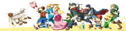 Rule 34 | 00s, 1990s (style), 2girls, 6+boys, alternate costume, axe, black eyes, blonde hair, blue eyes, blue hair, brown hair, child, closed eyes, creatures (company), dress, eating, elbow gloves, facial hair, fire emblem, fire emblem: mystery of the emblem, fire emblem: path of radiance, game freak, gen 1 pokemon, gloves, gun, hat, highres, holding, holding poke ball, ike (fire emblem), kid icarus, kirby, kirby (series), link, long hair, long image, luigi, mario (series), marth (fire emblem), metroid, mother (game), mother 2, multiple boys, multiple girls, muse (rainforest), mustache, ness (mother 2), nintendo, on head, overalls, pikachu, pikmin (creature), pikmin (series), pink dress, pit (kid icarus), pointy ears, poke ball, poke ball (basic), pokemon, pokemon (creature), pokemon frlg, pokemon on head, pokemon rgby, ponytail, princess, princess peach, red (pokemon), red (pokemon frlg), retro artstyle, samus aran, sonic (series), sonic the hedgehog, star (symbol), super smash bros., the legend of zelda, the legend of zelda: twilight princess, toon link, weapon, wide image, wings, zero suit