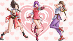 Rule 34 | 3girls, :d, absurdres, asamiya athena, bare shoulders, boots, braid, breasts, brown eyes, brown hair, cleavage, closed mouth, clothing cutout, commentary, dougi, dress, fatal fury, fingerless gloves, fingernails, folded fan, folding fan, full body, gloves, gold trim, hair ornament, hairband, hand fan, hand up, headband, heart, heart background, high ponytail, highres, japanese clothes, large breasts, leg up, legs, long hair, looking at viewer, medium breasts, multiple girls, ninja, one eye closed, open mouth, panties, pelvic curtain, ponytail, puffy short sleeves, puffy sleeves, purple eyes, purple hair, red dress, red footwear, red gloves, red hairband, revealing clothes, rope, ryuuko no ken, shiranui mai, shoes, short dress, short hair, short sleeves, shorts, shoulder cutout, simple background, single braid, smile, sneakers, spandex, standing, standing on one leg, star (symbol), star hair ornament, teeth, the king of fighters, the king of fighters xv, thighs, thumbs up, turtleneck, underwear, upper teeth only, v, x chitch, yuri sakazaki