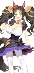 Rule 34 | + +, 1girl, absurdres, alternate costume, animal ears, black bow, black dress, black gloves, black hair, blush, bow, breasts, cleavage, codename47, commentary request, cowboy shot, dress, ear ornament, fang, frilled dress, frills, gloves, highres, horse ears, horse girl, horse tail, large breasts, marvelous sunday (umamusume), open mouth, pantyhose, puffy short sleeves, puffy sleeves, short sleeves, simple background, smile, solo, tail, twintails, umamusume, white background, white pantyhose, yellow eyes