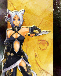 Rule 34 | 00s, 1girl, animal ears, armpits, blue eyes, breasts, cat ears, cat tail, cleavage, dagger, doraeshi, dress, elbow gloves, face, facial mark, final fantasy, final fantasy xi, flower, gloves, hair flower, hair ornament, highres, knife, legs, midriff, mithra (ff11), navel, red flower, red rose, rose, short hair, solo, tail, thighhighs, thighs, weapon, white hair, zoom layer