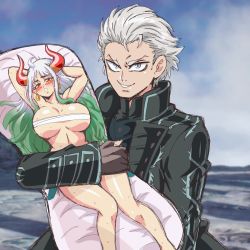 Rule 34 | 1boy, 1girl, ahoge, blush, body pillow, breasts, coat, convenient censoring, crossover, dakimakura (object), devil may cry (series), devil may cry 5, gloves, grey eyes, hair slicked back, highres, holding, holding pillow, horns, large breasts, lewdamone, long hair, looking at viewer, multicolored hair, one piece, pillow, short hair, vergil (devil may cry), white hair, yamato (one piece)