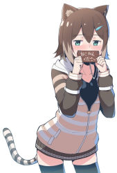 Rule 34 | 1girl, alternate breast size, animal ears, brown hair, cat ears, cat girl, cat tail, covering own mouth, cowboy shot, fish hair ornament, flat chest, fumino tamaki, hair ornament, hood, hood down, hoodie, light brown hair, medium hair, miniskirt, multicolored hair, nijisanji, pleated skirt, purin a la mode (popup), sign, skirt, solo, striped clothes, striped hoodie, striped tail, tail, thighhighs, translated, two-tone hair, virtual youtuber, zettai ryouiki