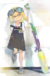 Rule 34 | 1girl, against wall, arms behind back, black dress, blonde hair, blunt bangs, blush, brown eyes, closed mouth, commentary, cross-laced footwear, dress, goggles, goggles on head, grey footwear, head tilt, highres, inkling, inkling (language), inkling girl, inkling player character, leg up, light blush, looking at viewer, medium dress, nintendo, pinafore dress, pointy ears, shadow, shima (5p6p7p), shirt, shoes, short hair, short sleeves, sleeveless, sleeveless dress, smile, solo, splat charger (splatoon), splatoon (series), splatoon 2, standing, standing on one leg, symbol-only commentary, t-shirt, tentacle hair, white shirt