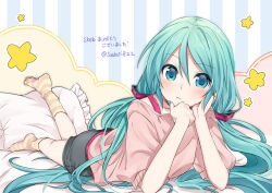 Rule 34 | :t, bed sheet, black shorts, blue background, cheek rest, commentary, frilled pillow, frills, hair between eyes, hair half undone, hand on own cheek, hand on own chin, hand on own face, hatsune miku, head rest, light blush, long hair, looking at viewer, low twintails, lying, on bed, on stomach, pillow, pink shirt, pink socks, shirt, shorts, socks, star (symbol), striped background, striped clothes, striped socks, sudachi (calendar), translated, twintails, twitter username, two-tone legwear, very long hair, vocaloid, yellow socks