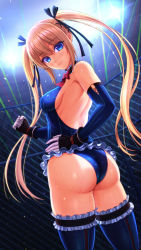 Rule 34 | 1girl, ass, backless leotard, blonde hair, blue eyes, blue leotard, blue one-piece swimsuit, bow, bowtie, breasts, clenched hand, dead or alive, frills, gloves, hair ribbon, hand on own hip, highres, kuni92, leotard, long hair, looking at viewer, marie rose, one-piece swimsuit, ribbon, small breasts, smile, solo, stadium, swimsuit, twintails