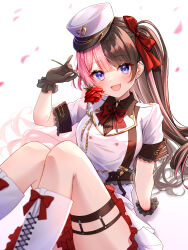 Rule 34 | 1girl, arm support, barbell piercing, black choker, black gloves, black ribbon, blue eyes, boots, bow, bowtie, bridal garter, brown hair, choker, cross-laced footwear, dress, ear piercing, earrings, flower, gloves, hair ribbon, hand up, hat, highres, industrial piercing, jewelry, knee boots, knees up, long hair, looking at viewer, multicolored hair, neck ribbon, open mouth, piercing, pink hair, red bow, red bowtie, red flower, red rose, ribbon, rose, short dress, short sleeves, side ponytail, sitting, solo, tachibana hinano (vtuber), toki (toki ship8), two-tone hair, virtual youtuber, vspo!, white background, white dress, white footwear, white hat