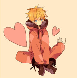 Rule 34 | 1boy, animal, animification, aoey, blonde hair, blue eyes, blush, boots, commentary, full body, fur-trimmed hood, fur trim, gloves, heart, hood, indian style, jacket, kenny mccormick, long sleeves, male focus, mouse (animal), pants, sitting, solo, south park, yellow background